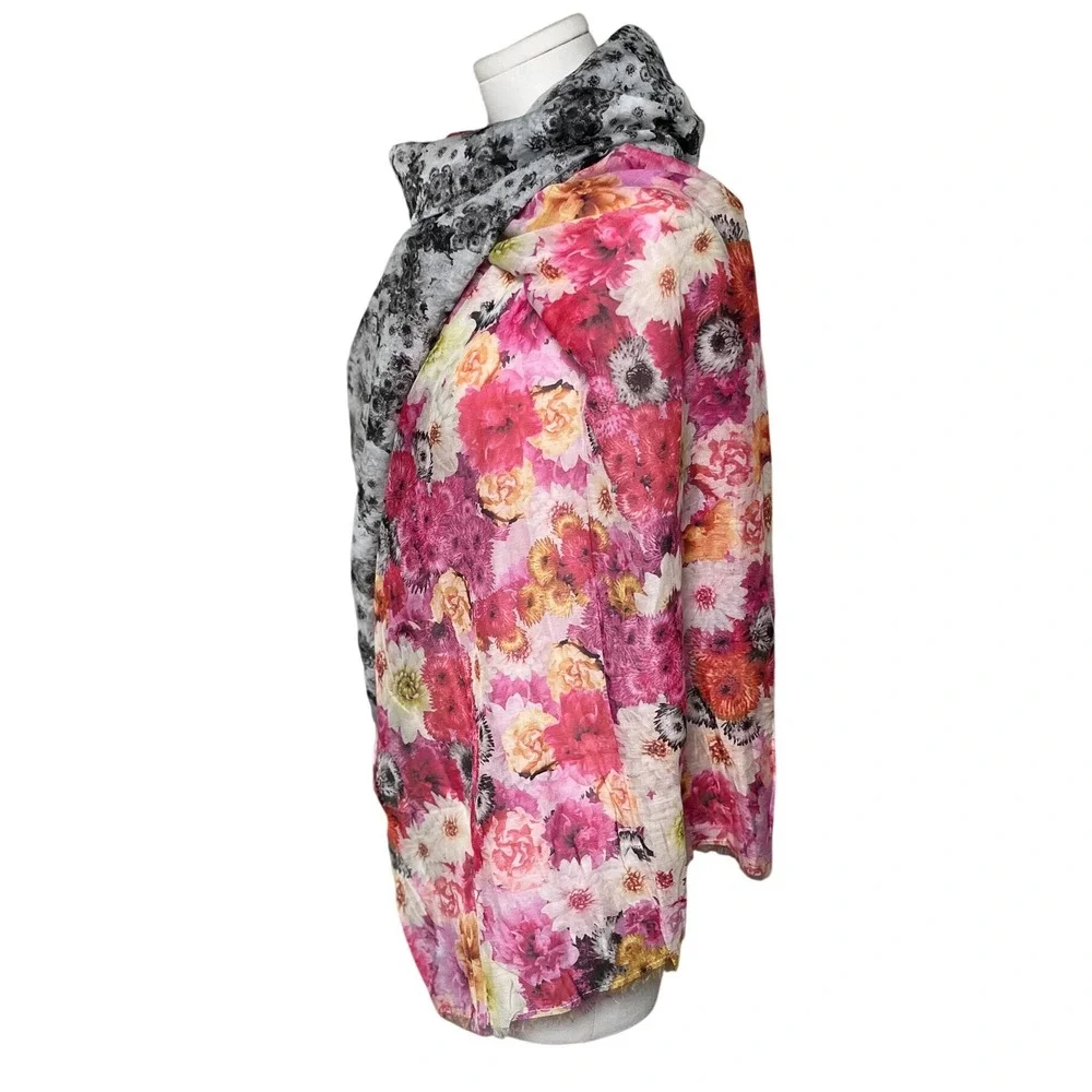 Talbots Floral Print Eyelash Fringe Scarf Black Pink Silk‎ Cotton OS